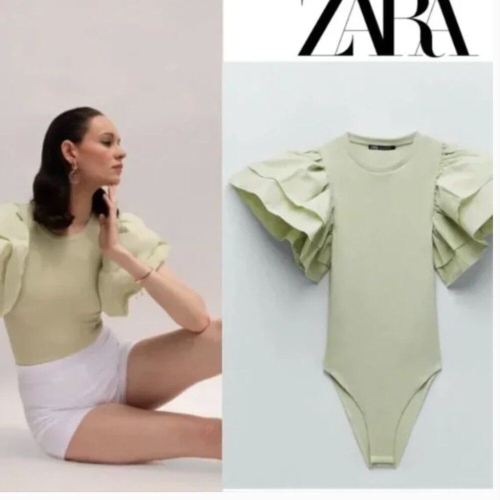 Zara Ribbed Ruffle Bodysuit - Size M - 95% Cotton, 5% Elastane - NEW ✨🍃